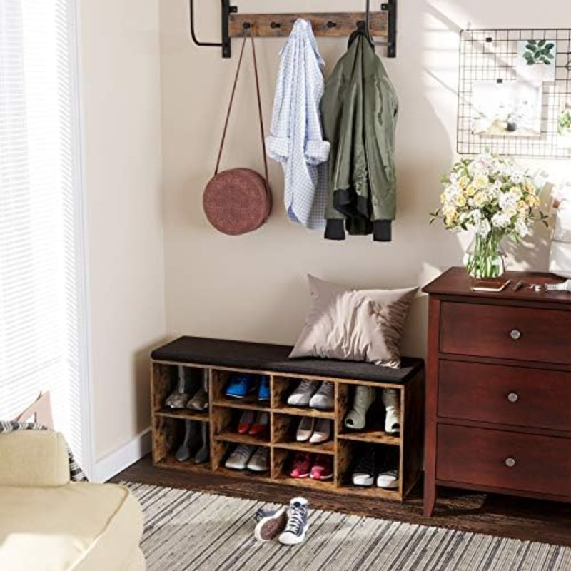 Collection - Banc à chaussures, banc de rangement avec siège rembourré, banc d'entrée avec 10 compartiments, pour chambre, 11,8 x 40,9 x 18,9 pouces, brun rustique et brun châtaignier