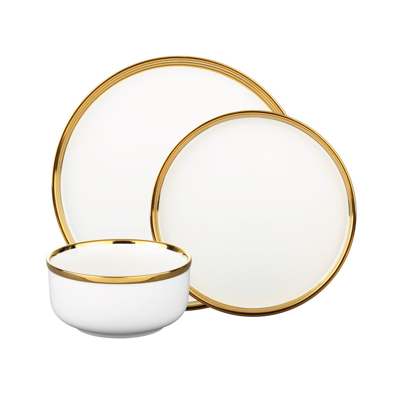 Hillcrest 12-Piece White and Gold Ceramic Dinnerware Set, Service for 4