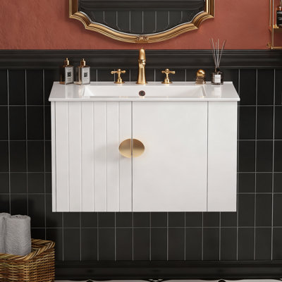 Meuble-lavabo mural simple flottant 30 po avec lavabo en céramique et armoire de rangement droite