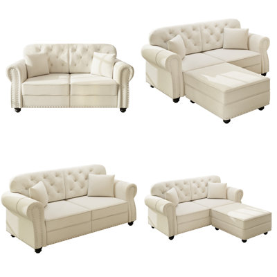 63" Upholstered Velvet L-Shaped Sectional Sofa with Ottoman, Mid-Century Modern Chesterfield Style, Button Tufted with Nailhead Trim & Rolled Arms, Loveseat for Small Space