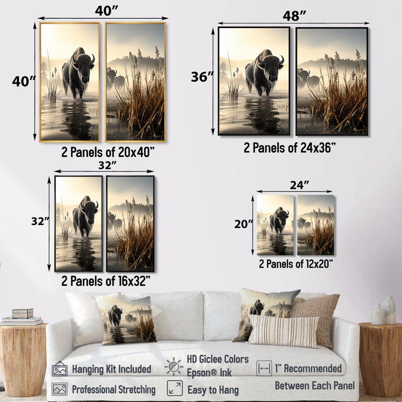 Buffle gris matin brumeux I - art mural moderne, H 36 po x l 48 po, Reproduction encadrée sans passe-partout, Noir