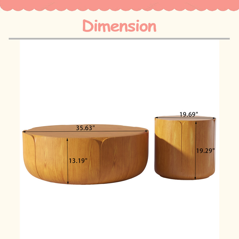 Ensemble de tables basses rondes pour l'intérieur et l'extérieur, ensemble de tables basses à grain de bois moderne, robuste, imperméable, sans assemblage pour table de patio, jardin et salon (ensemble de 2)