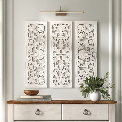 White Wooden Floral Handmade Intricately Carved Home Wall Decor, Set of 3 12"W, 36"H