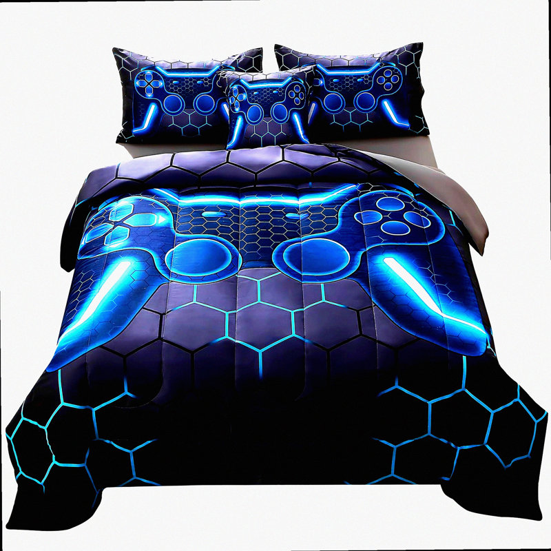 Ultimate Gamer Comforter Set - 6 Piece Bed in A Bag 3D Video Game Bedding with Blue Game Controller Design. All Season Down Alternative for Maximum Comfort.