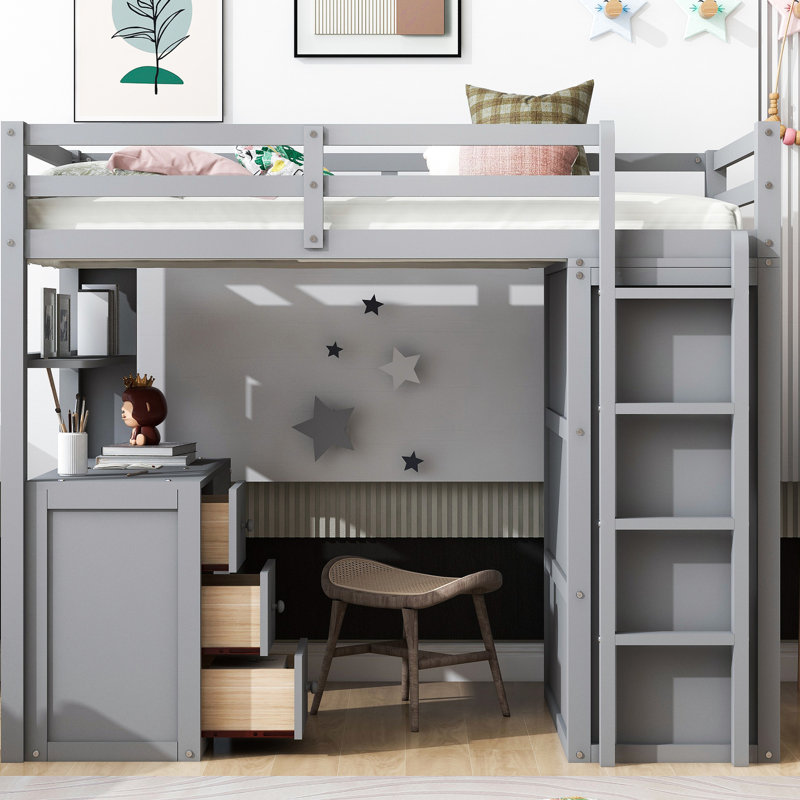 Lit mezzanine simple gris avec tiroir, bureau d'ordinateur et garde-robe. Bois massif robuste. Maximisez l'efficacité de votre espace de vie. Aucun sommier tapissier requis, cadre en bois d'écriture. Votre espace. Base