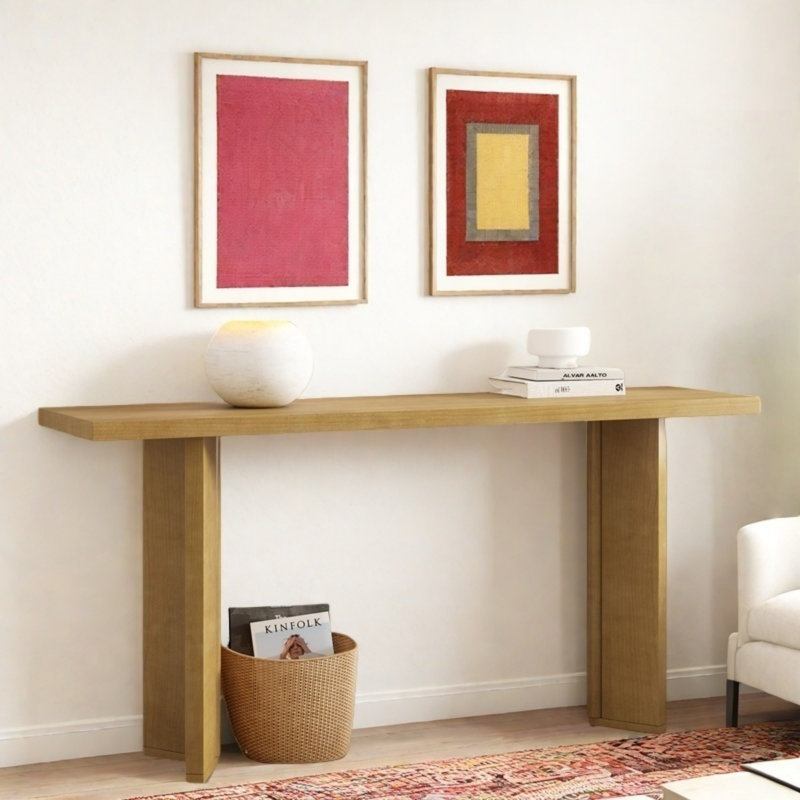 Modern Console Table With Geometric Shape Structure And Wood Grain, Natural