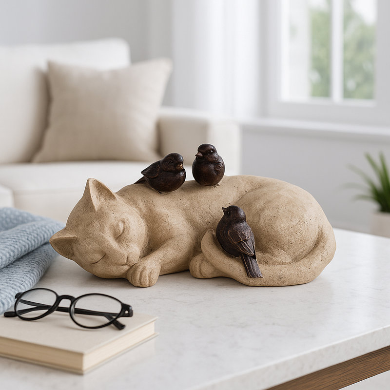 12-inch White and Brown Sleeping Kitty With Birds - Polyresin and Metal Garden Statuary for Decor