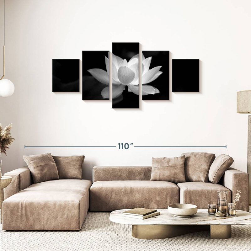 Ensemble de 5 pièces fleurs de lotus monochromes sur toile, H 36 po x l 80 po x P 1,25 po