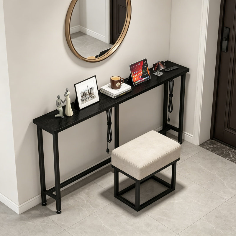 Sofa Table With Built-In Power Strip - 4 AC Outlets & 4 USB Ports, 4.9Ft Power Cord, Metal Frame, Easy Assembly For Behind Couch, Hallway, Living Room, Home Office