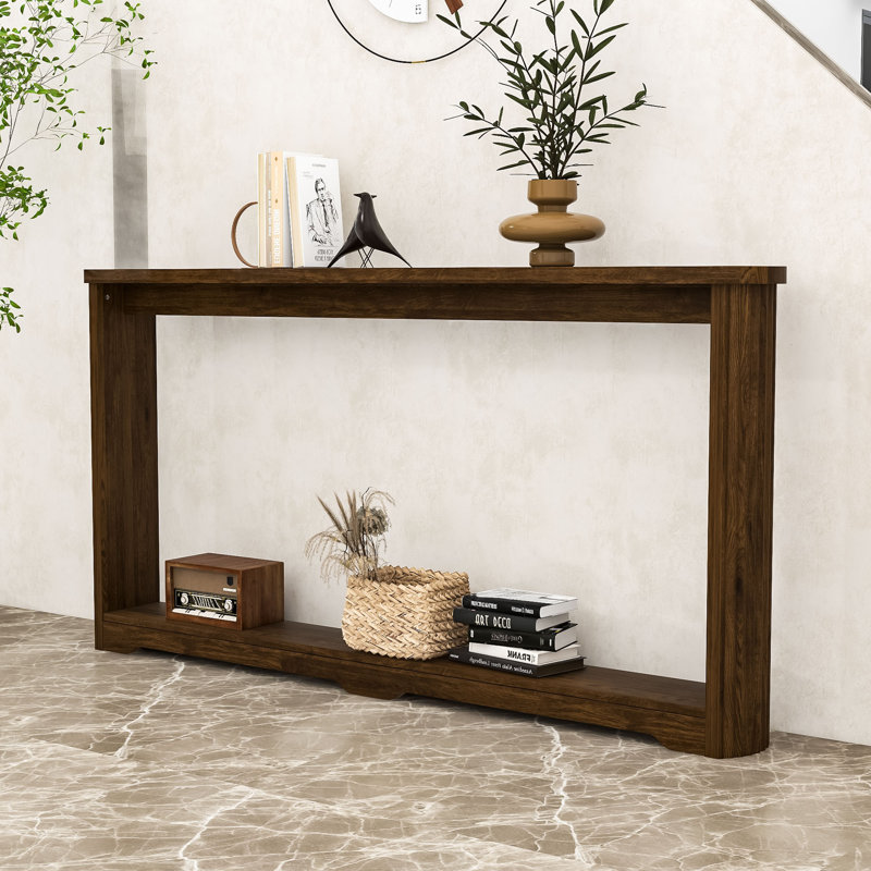 Narrow Wood Console Table with Corrugated Texture, Entryway Storage Table, Sofa Back Table, Walnut