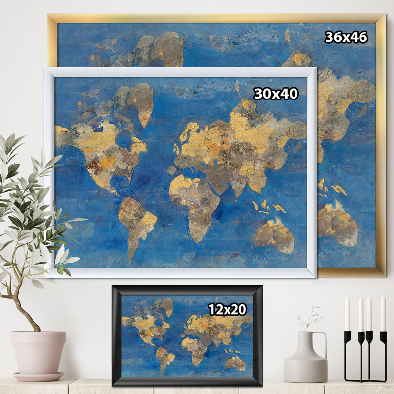 « golden glam world map », reproduction d’image sur toile, H 36 po x l 46 po x P 1,5 po, Cadre blanc