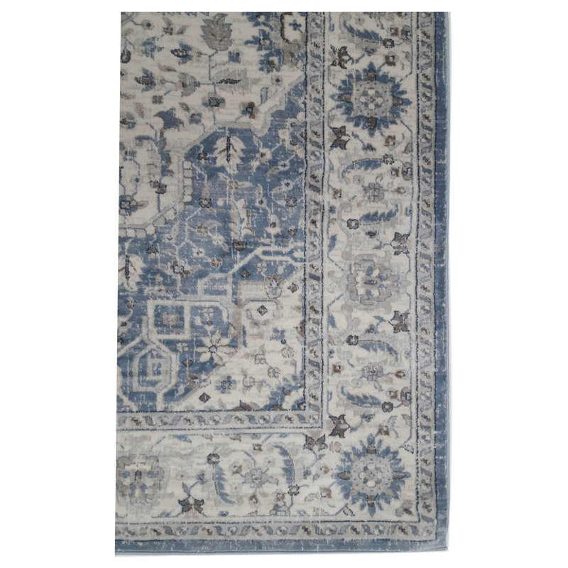 Oriental Machine-Made Cream /Blue Area Rug, Rectangle 5.3' x 7.7'