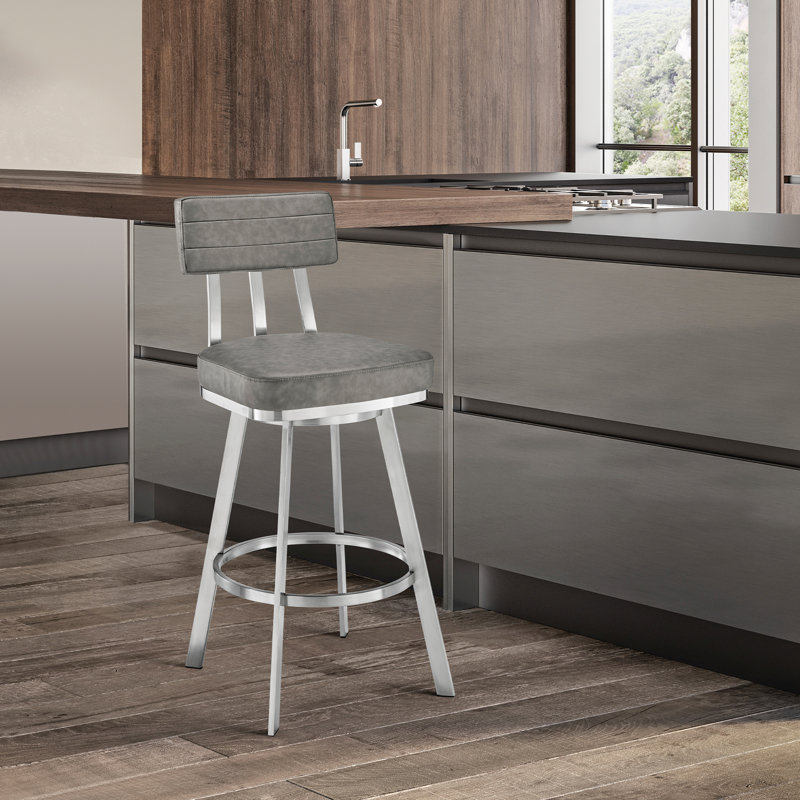 Bodhan Swivel Upholstered Counter Stool, Bar Stool (30" Seat Height), Brushed Stainless Steel/Gray