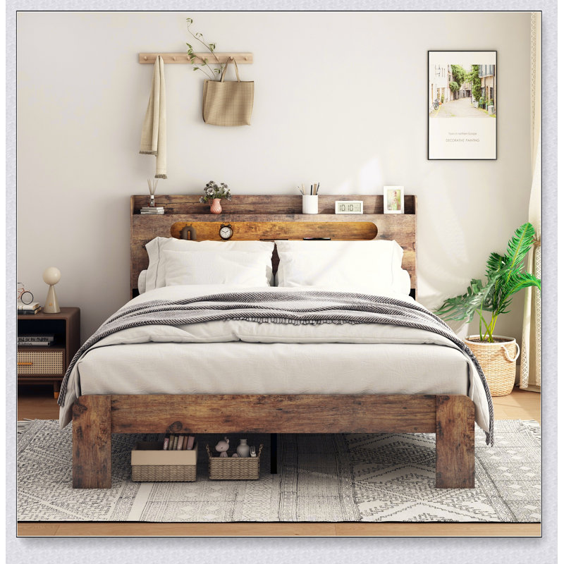 Cadre de lit très grand, cadre de lit plateforme en bois avec tête de lit à DEL avec rangement et 2 ports USB, silencieux, aucun sommier nécessaire et outil d'assemblage facile, grand rangement sous le lit