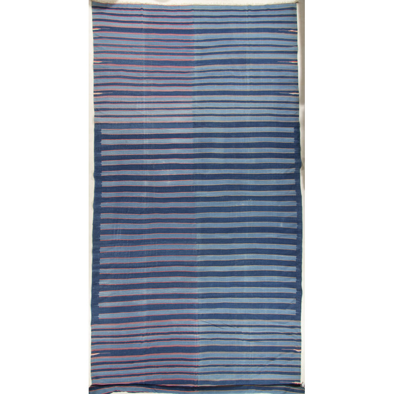 Tapis unique en laine bleu / orange 11 pi 6 po x 22 pi années 1900