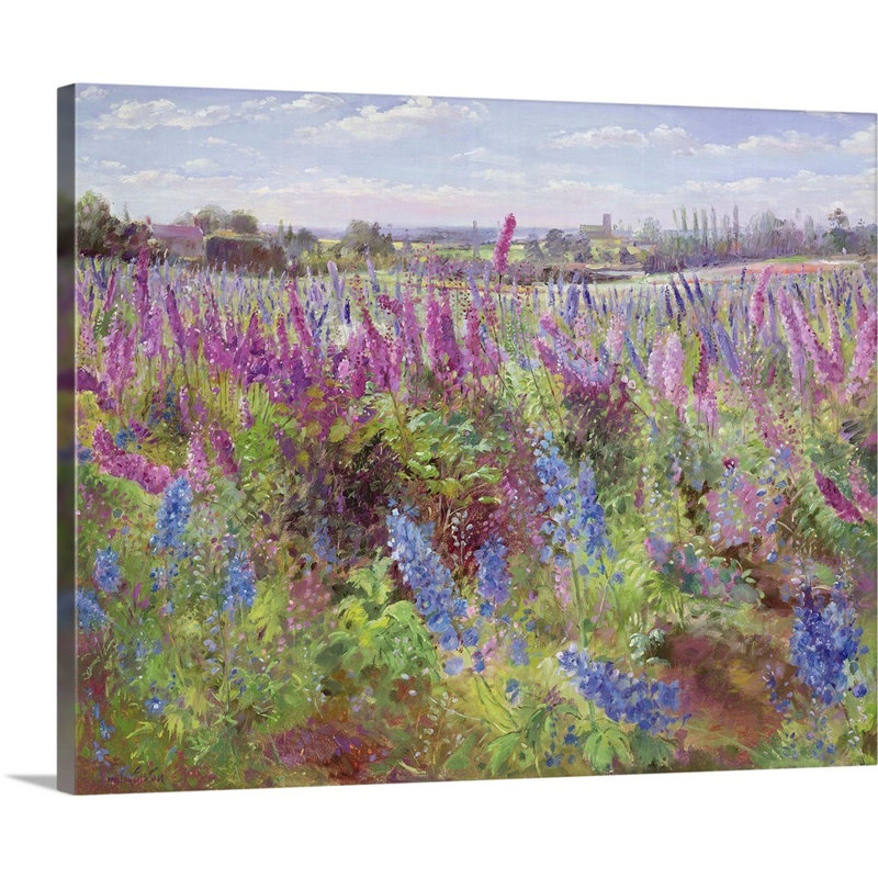 «Delphinium Field and Church» par Timothy Easton, reproduction sur toile, Toile tendue, H 11 po x l 14 po x P 1,25 po