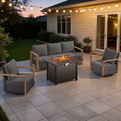 Drazen 5 - Person Patio Furniture Set With Fire Pit Table, All-Weather Wicker Outdoor Conversation Set With Chair And Thick Cushions