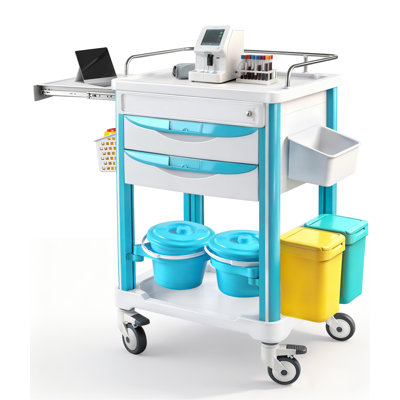 Chariot de service médical avec tiroirs et roulettes - Chariot utilitaire roulant pour cabinets dentaires, cabinets dentaires, chariot de rangement mobile 25 po x 19 po x 40 po avec roulettes verrouillables (avec 2 tiroirs / blanc et cyan)