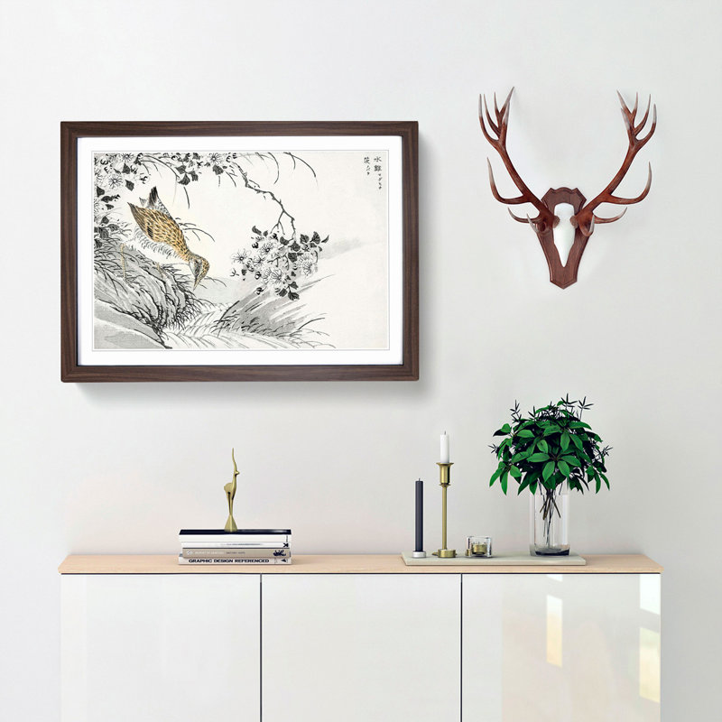 Sandpiper & Wild Rose by Numata Kashu - Picture Frame Painting Print, 60cm H x 91cm W x 2cm D, Walnut