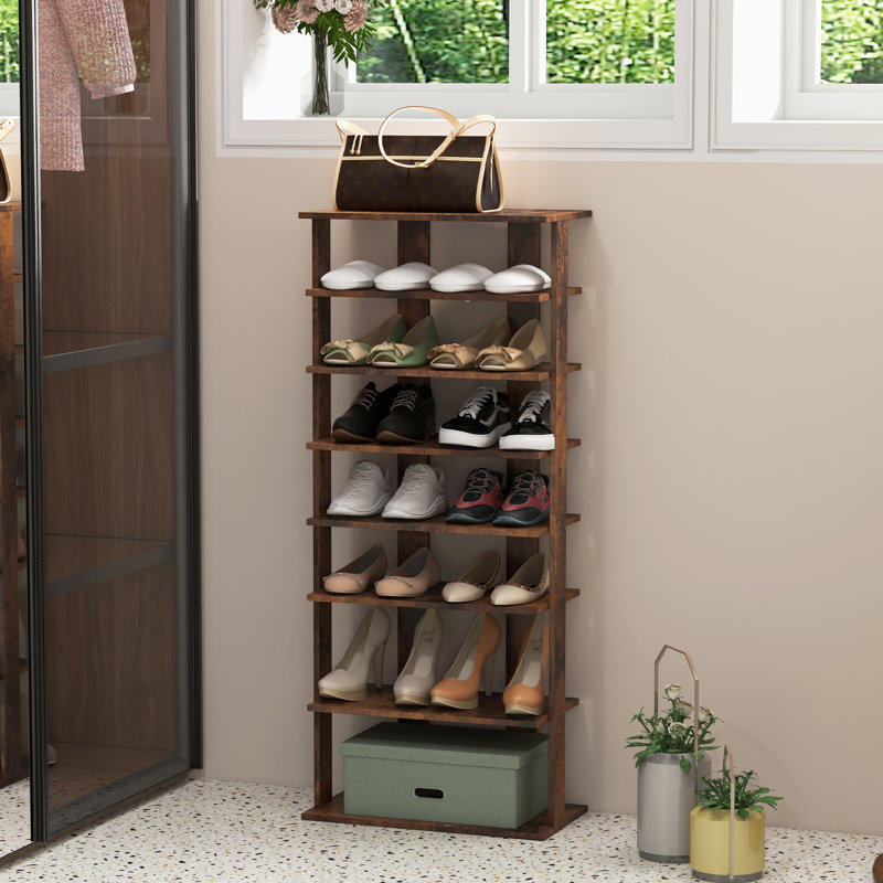 Millwood Pines 7-Tier Double Rows Shoe Rack Vertical Wooden Shoe Storage Organizer Rustic patented Brown, Brun