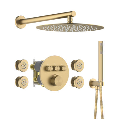 Circular 3-Function Thermostatic Complete Shower Faucet Set with Wall-Mount Rainshower, Handheld Shower, and Body Jets