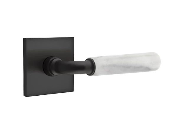 Mortaise intérieure Emtek Select avec rosette carrée et tige R-Bar, levier en marbre, Noir mat / marbre blanc, Oui
