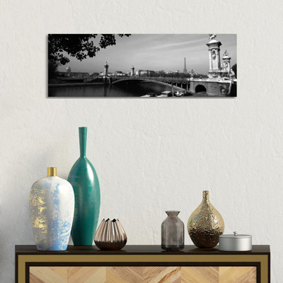 Pont Alexandre III And A Distant Eiffel Tower In B&W, Paris, Ile-De-France, France - Wrapped Canvas Panoramic Print