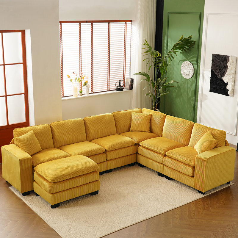118.1 '' U-shaped 6-seater Sectional Couch Sofa With Ottoman, Corduroy Large-sized Modular Sectional Couch, Yellow Corduroy
