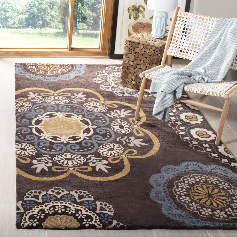 Tapis floral brun / bleu en laine / coton touffeté à la main Amory