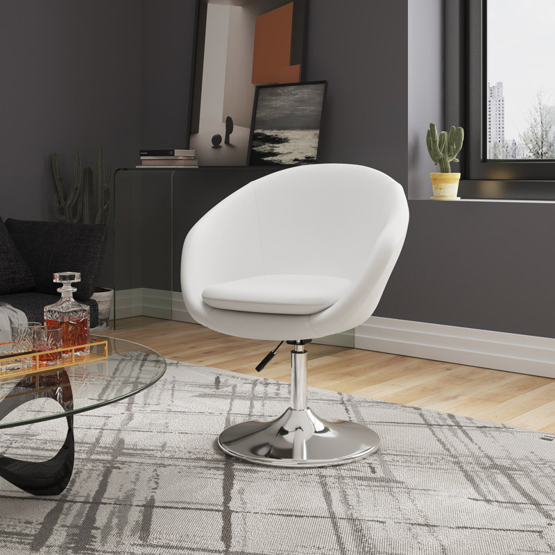 Hopper Modern Vegan Leather Upholstered Metal Swivel Accent Chair in White, White Faux Leather