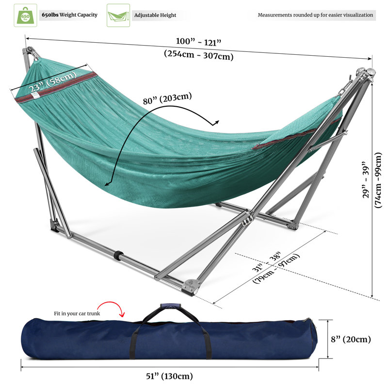 Support de hamac réglable, hamac de camping pliable et support, support de hamac double de luxe d'une capacité de 650 lb pour 2 personnes, assemblage facile, antidérapant et silencieux