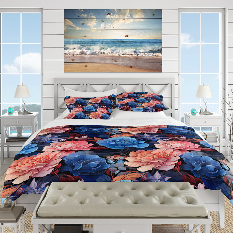 Literie à motif tropical bleu azur et rose Twilight, Housse de couette pour très grand lit et 2 très