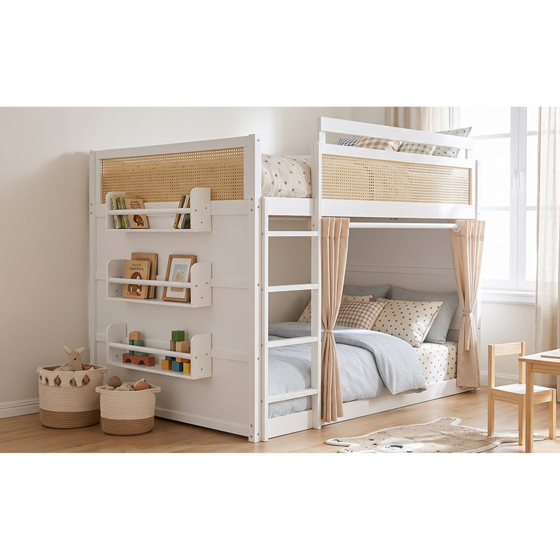 Lit superposé double avec tablette de rangement à 3 niveaux, décor en rotin, rideaux et lumières d'intimité, cadre de lit superposé en bois moderne - blanc