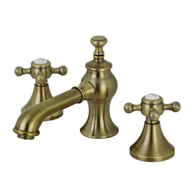 Kingston Brass English Country Two-Handle 3-Hole Deck Mount Widespread Bathroom Faucet with Brass Pop-Up Drain