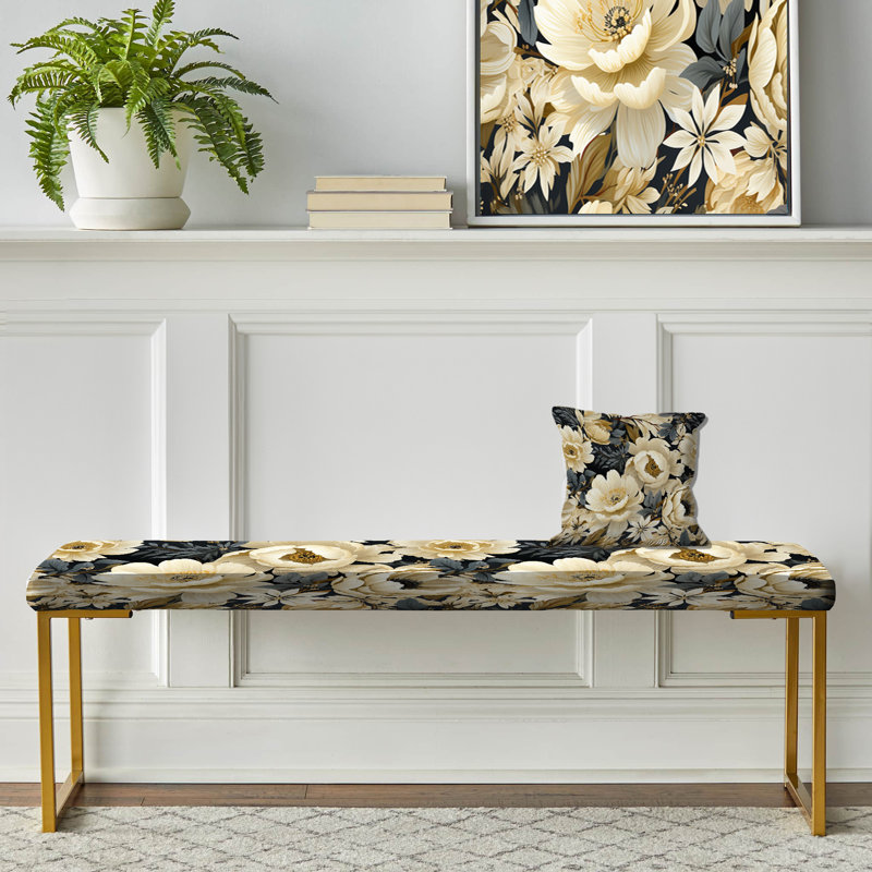 Upholstered Gold Bench, White Blossom Petals In Paradise I