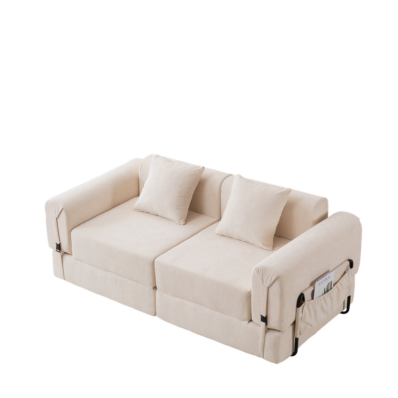 Convertible 4-in-1 Sofa Bed-Chair, Lounger, Sleeper with Pillows, Beige Polyester Blend