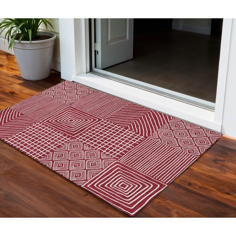 3' X 5' Red And Ivory Geometric Washable Indoor Outdoor Area Rug