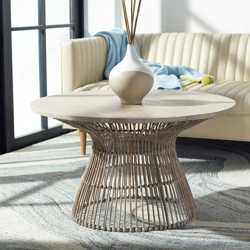 Contemporary Claunch Coffee Table – Tropical Style Mango Wood Top with Black Rattan Base for Home, Beige