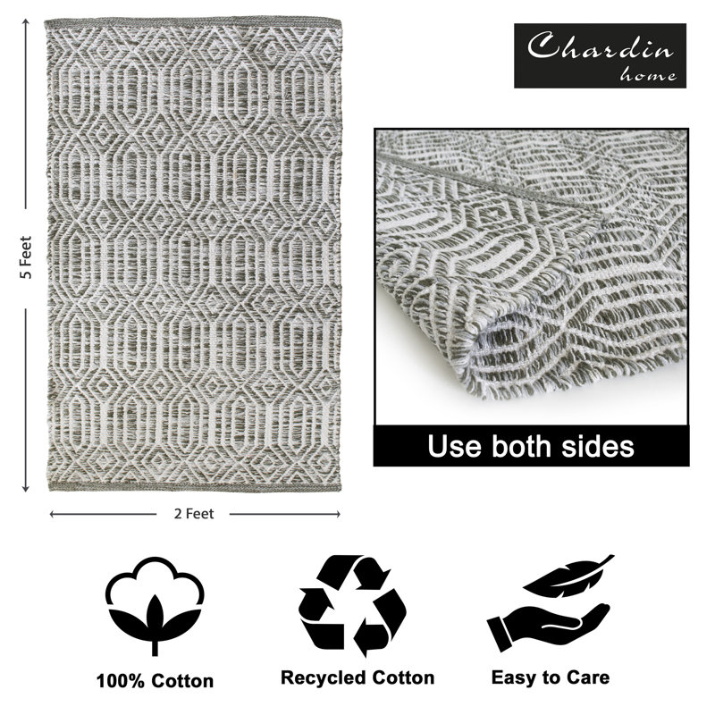 Tapis gris / blanc en coton tissé à plat à la main Brooksby, Rectangulaire 2 pi x 3 pi