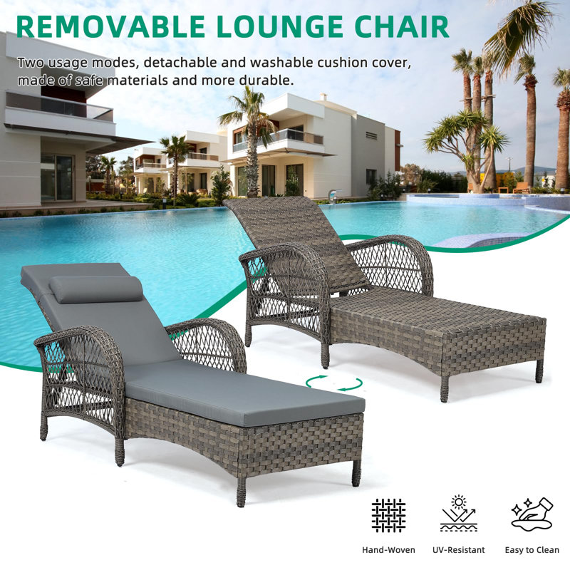Outdoor Wicker Chaise Lounge Chair With Cushion, 76.98" Long All Weather Pe Rattan Patio Lounge Chair, 6-Positions Adjustable Pool Reclining Sunbathing Chair, Armrest & Head Pillows, Gray