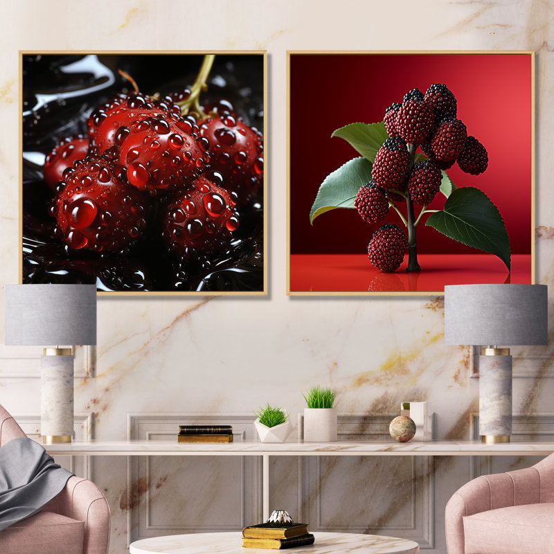 Fruits, juteuse et framboise Delight I - fruits, ensemble de 2 reproductions d'art mural, Cadre flottant brun