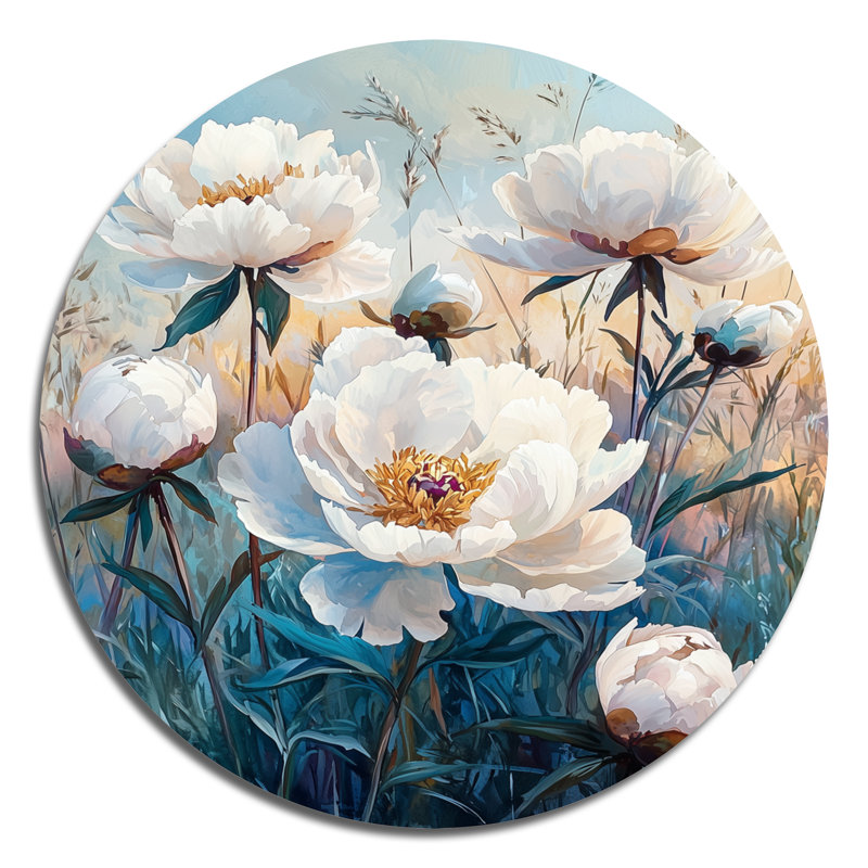 Karlysia - pivoines rondes, décoration murale traditionnelle en métal blanc, H 36 po x l 36 po