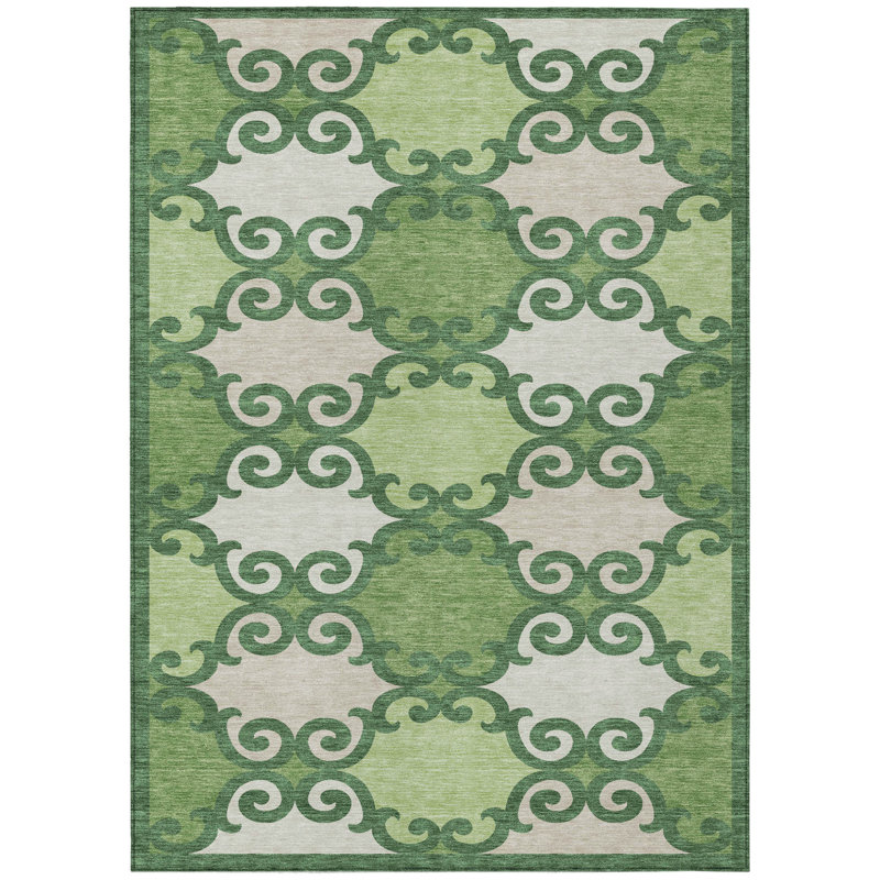 3' X 5' Green And Ivory Trellis Washable Indoor Outdoor Area Rug