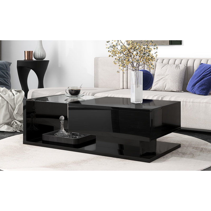 Rectangular Coffee Table With Particle Board And Tempered Glass, Black Practical Design Glass Top, Black