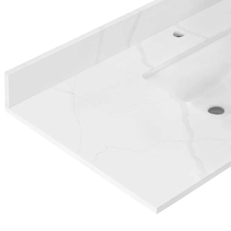 Meuble-lavabo double 72 po Carrasco en chêne naturel brun avec plateau en pierre de quartz blanc soyeux, Or brossé