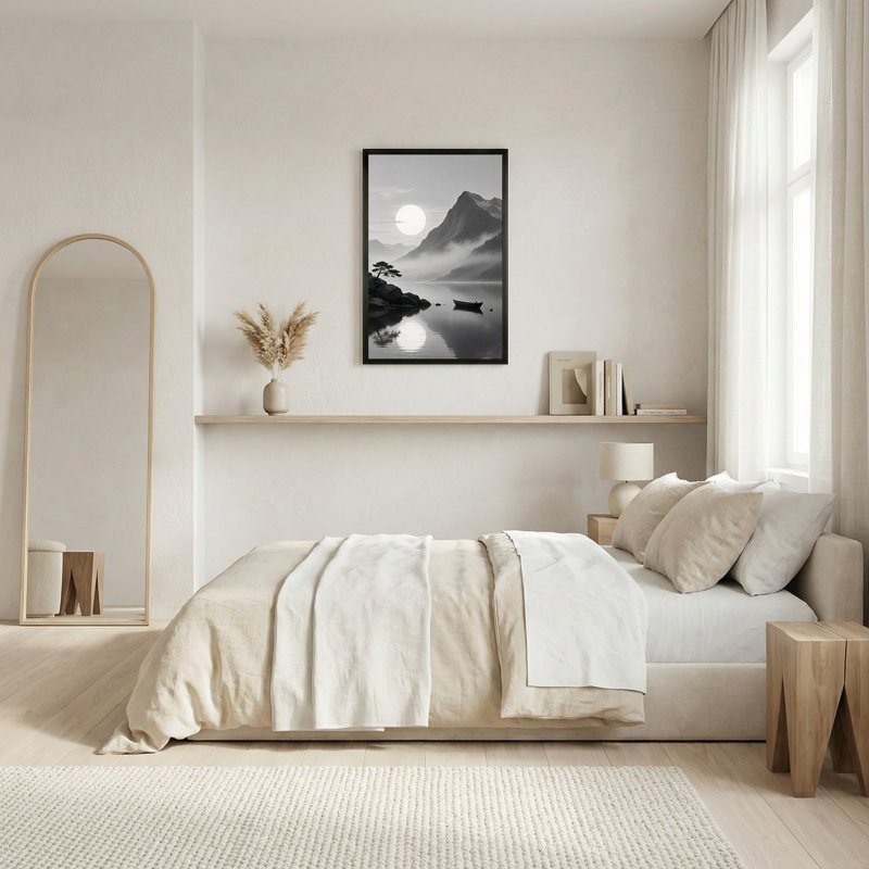 Tableau sur toile représentant des montagnes brumeuses et un bateau sur l'eau, en noir et blanc, 24"H x 16"W