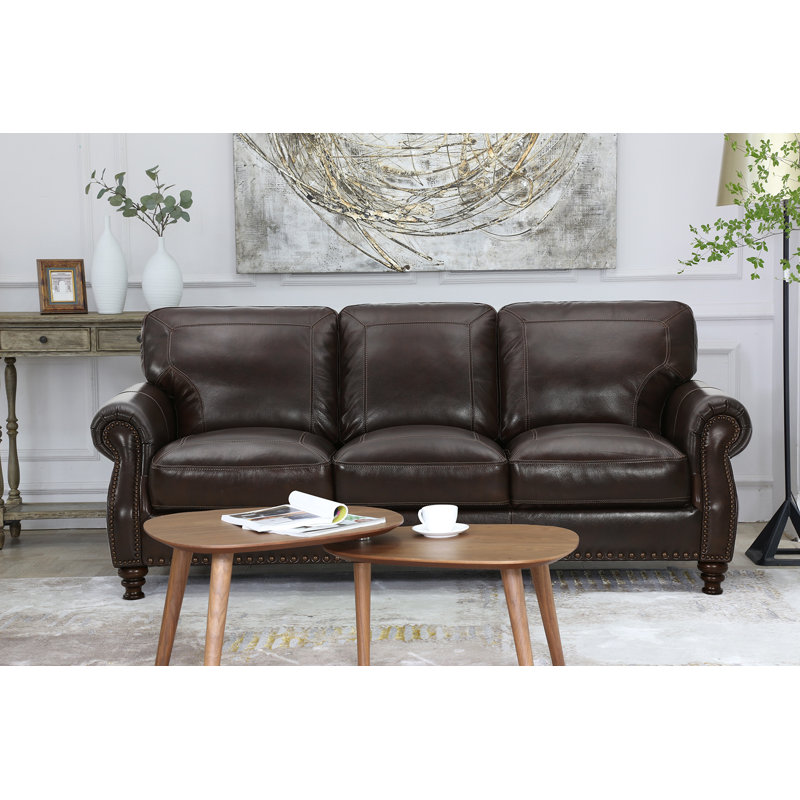 Ellard Genuine Leather Rolled Arm Sofa, Brown