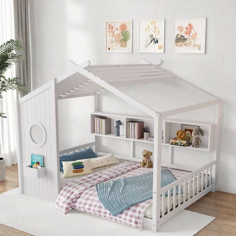 Lit sur pied avec tablette de rangement, Double, Blanc