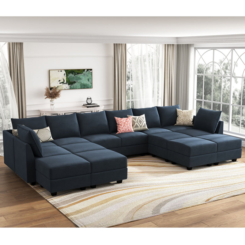Canapé modulaire en velours avec repose-pieds Tremee, Velours bleu