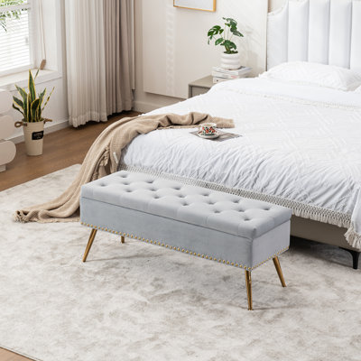 Velvet Storage Bench with Gold Legs Nailhead Trim, Upholstered Bedroom Bench for End of Bed